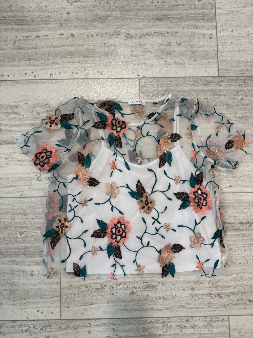 GLANCE Embroidered Floral Mesh Blouse Women’s Boho Medium Sheer Layered Top